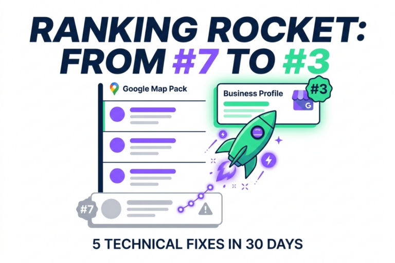 Technical local SEO infographic illustrating a Google Map Pack simulation ranking board. A green rocket visualizes the move from a lower, greyed-out position #7 to a top, glowing green position #3, demonstrating rapid ranking improvement achieved using the blog post's 5 technical fixes.